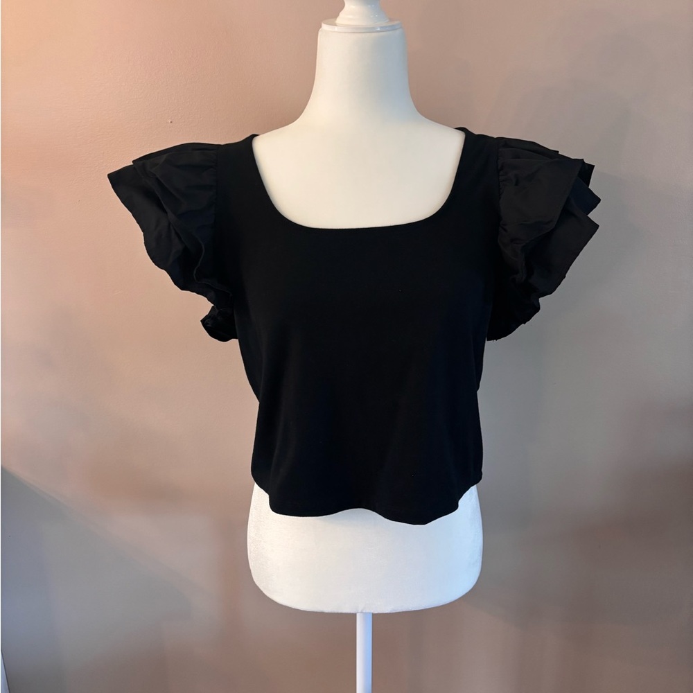 a new day Black Ruffle Sleeve Square Neck Crop Top